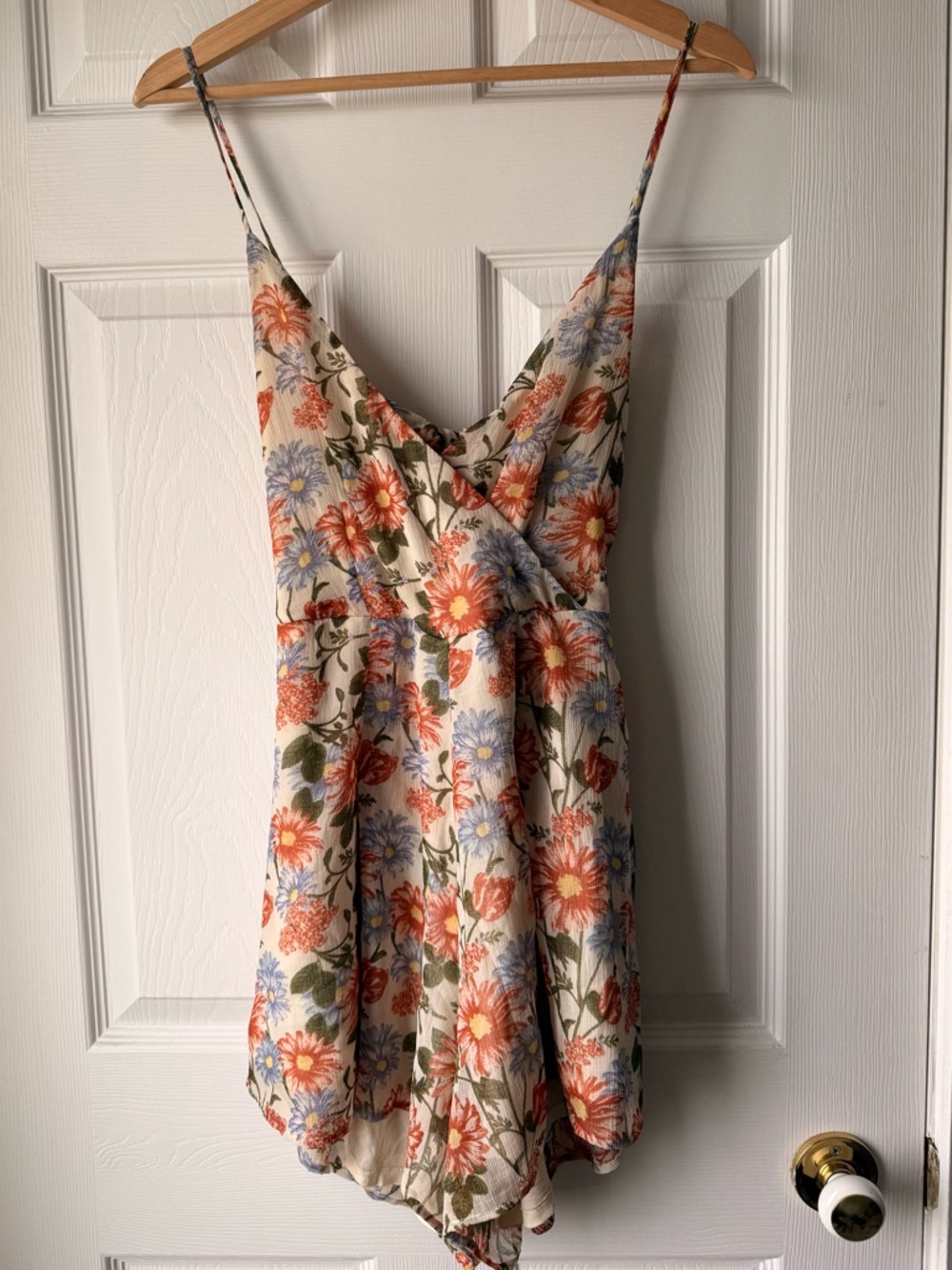 American Eagle Outfitters Cream Floral Romper with Orange & Blue Blooms